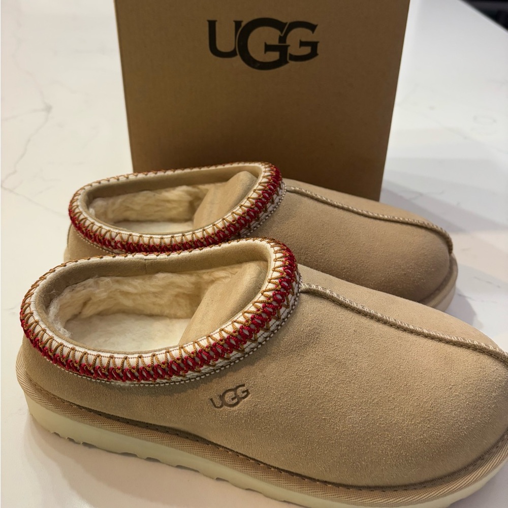 UGG Tan Suede Slippers with Red Trim